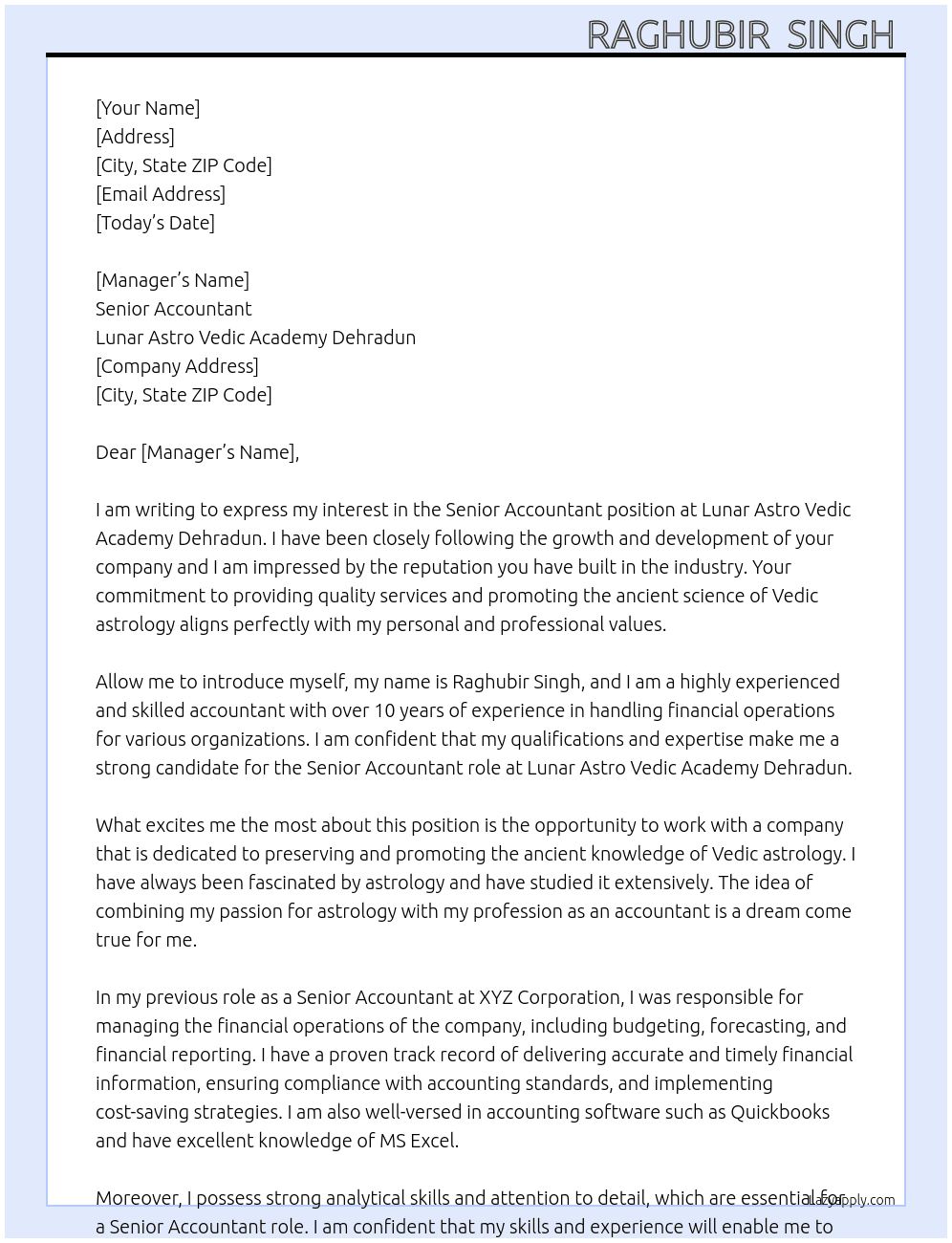 Senior Accountant  At Lunar Astro Vedic  Academy  Dehradun  Cover Letter
