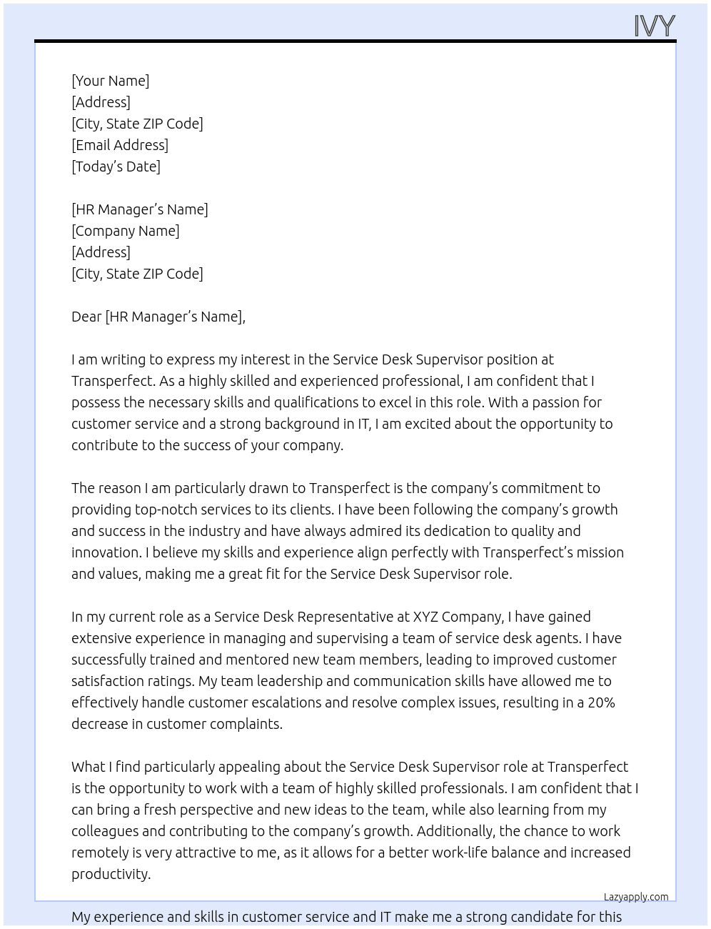 service desk supervisor At Transperfect Cover Letter