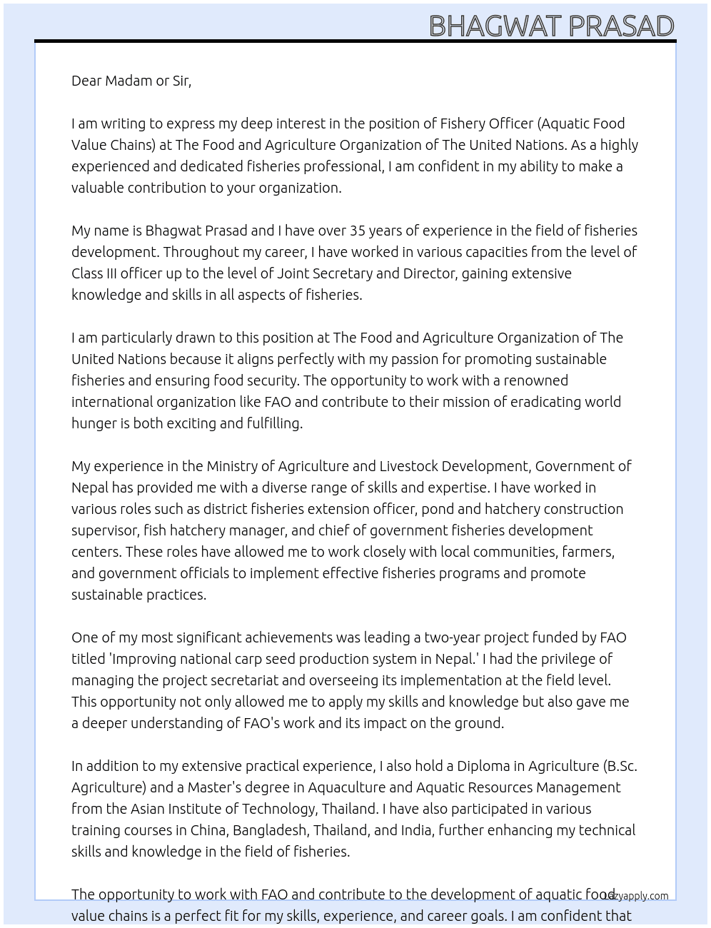 Fishery Officer (Aquatic Food Value Chains) At The Food and Agriculture Organization of The United Nations Cover Letter