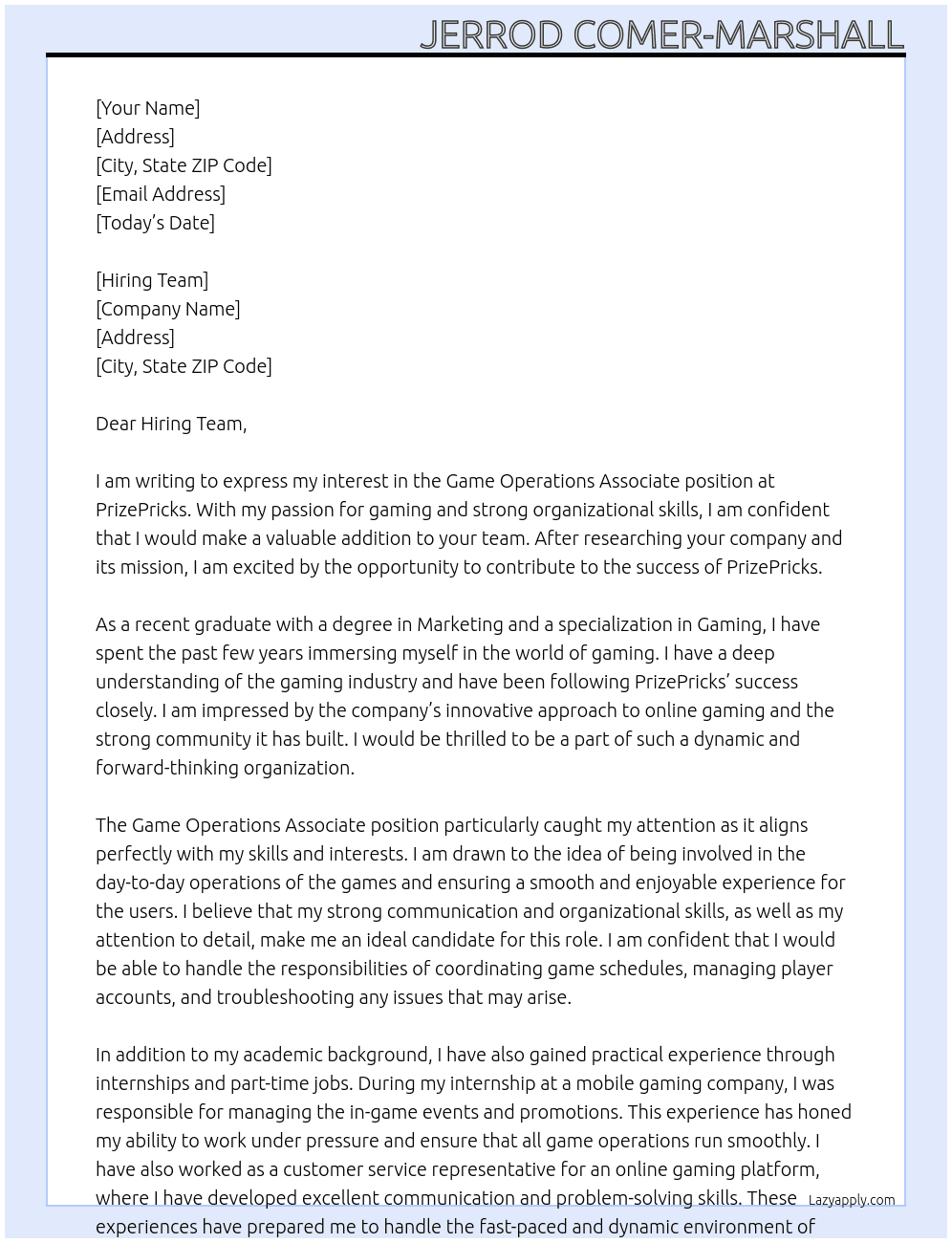 Game Operations Associate At PrizePricks Cover Letter
