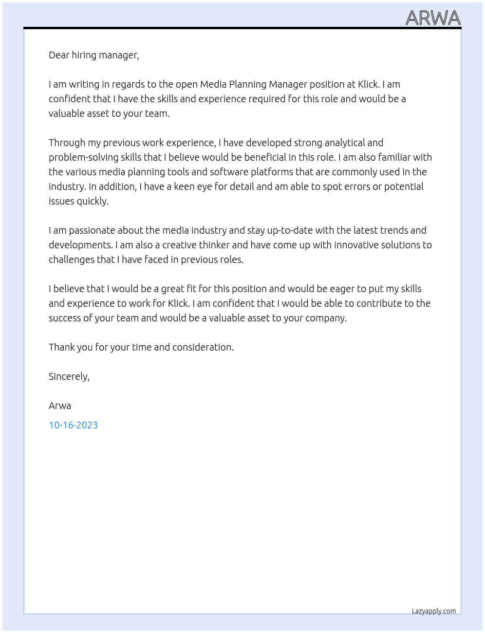 Media Planning Manager At Klick Cover Letter