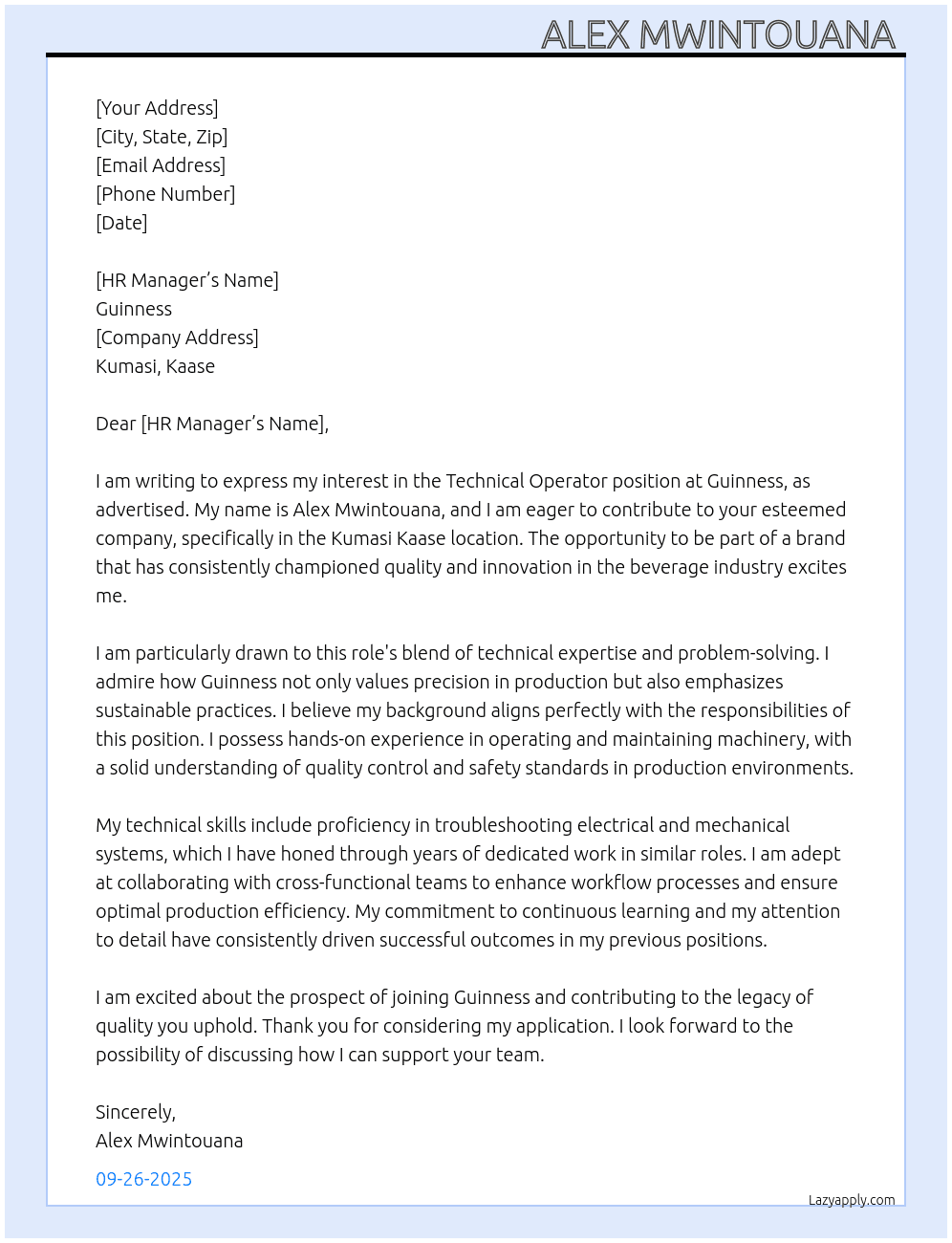 Technical operator At Guinness  Cover Letter