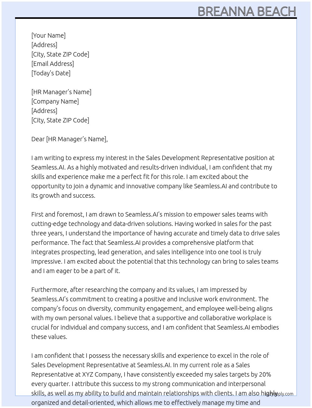 Sales Development Representative At  Seamless.AI Cover Letter