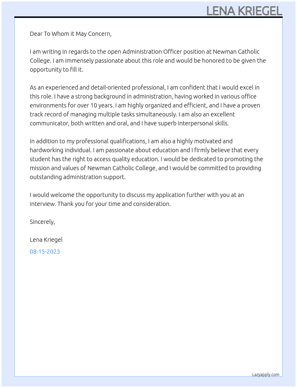 Administration Officer  At Newman Catholic College Cover Letter