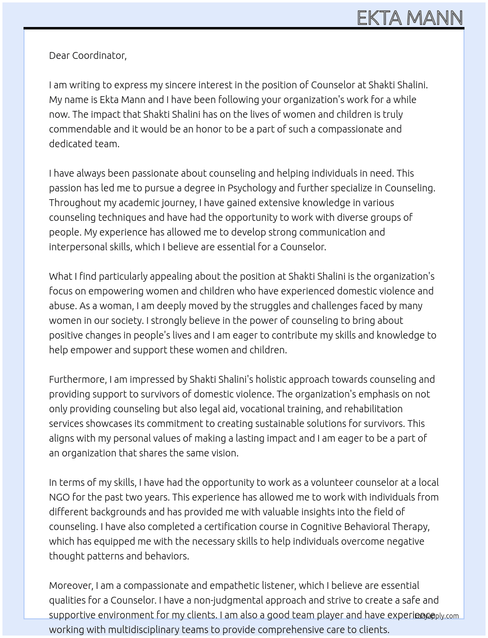 Councellor At Shakti Shalini Cover Letter