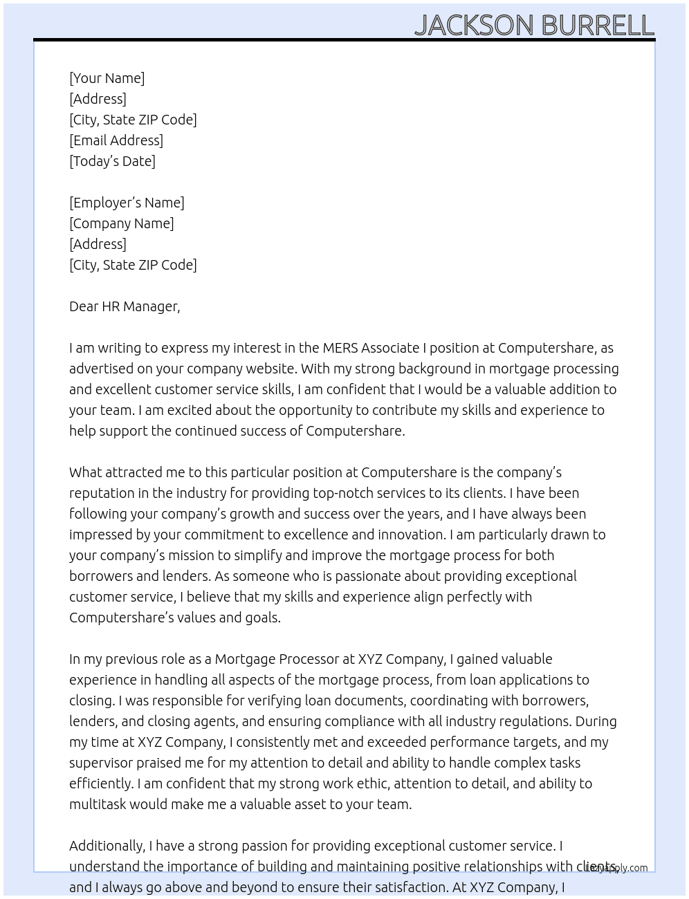 MERS Associate I At Computershare Cover Letter