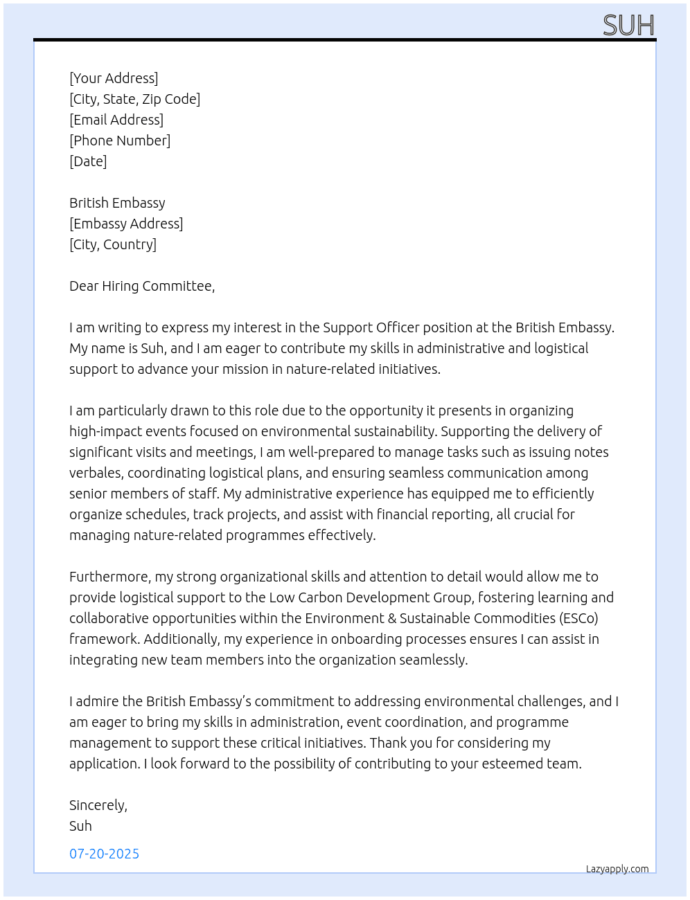 Cover letter for suppor officer - LazyApply