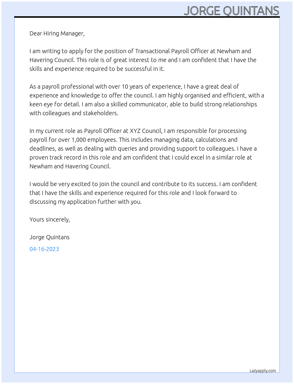 Transactional Payroll Officer At Newham and Havering council Cover Letter