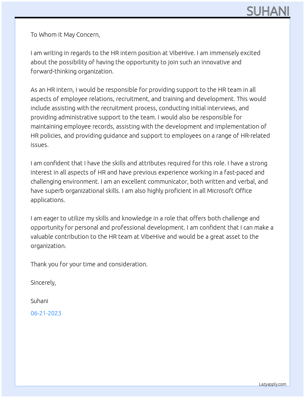 HR intern At VibeHive Cover Letter