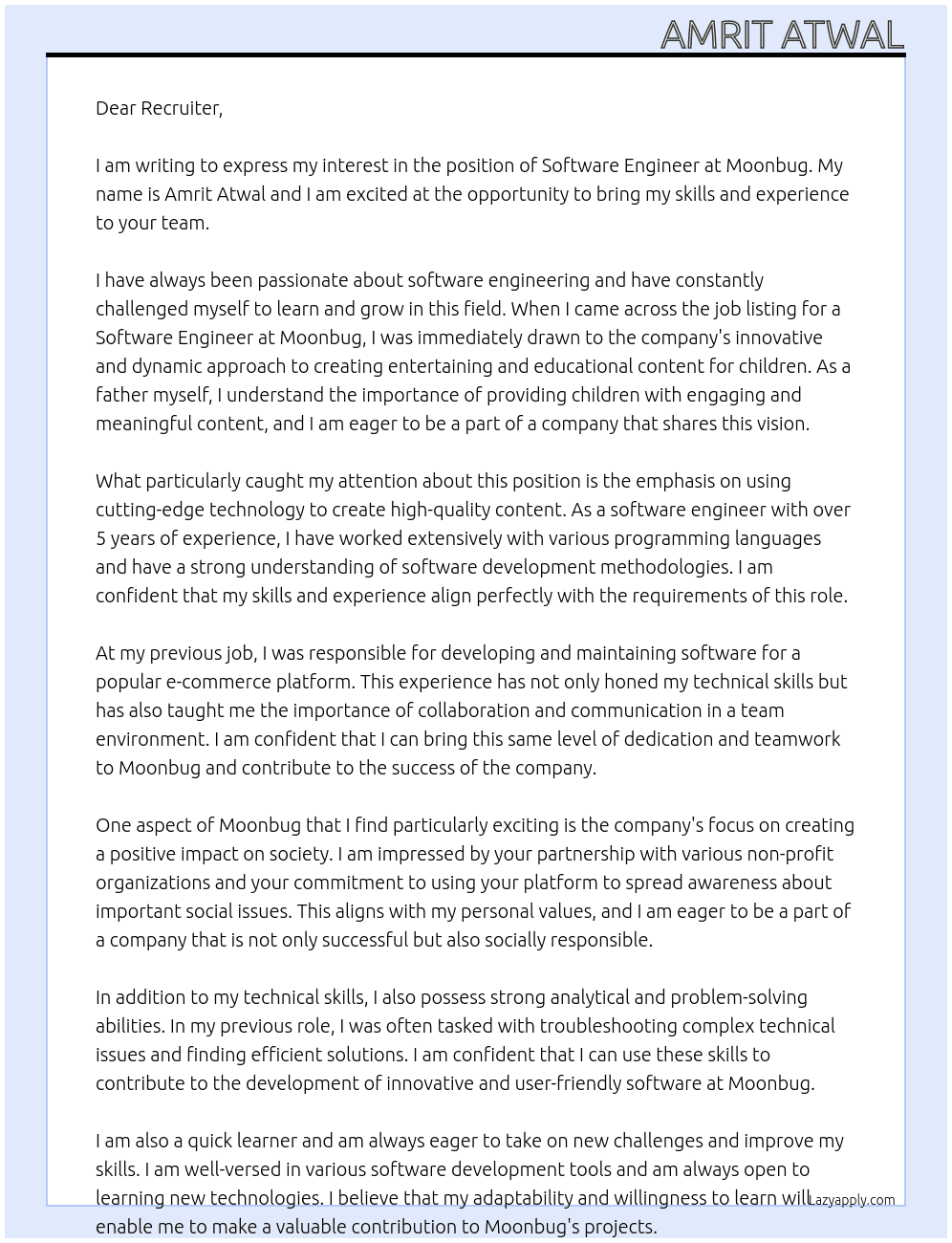 software engineer At moonbug Cover Letter