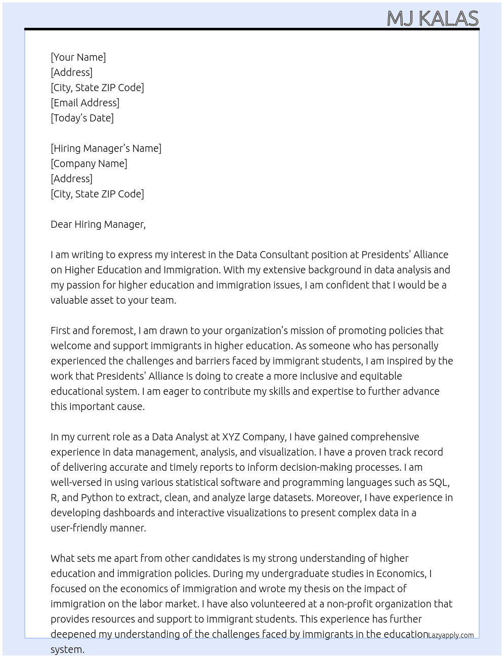 Data Consultant At Presidents' Alliance on Higher Education and Immigration Cover Letter