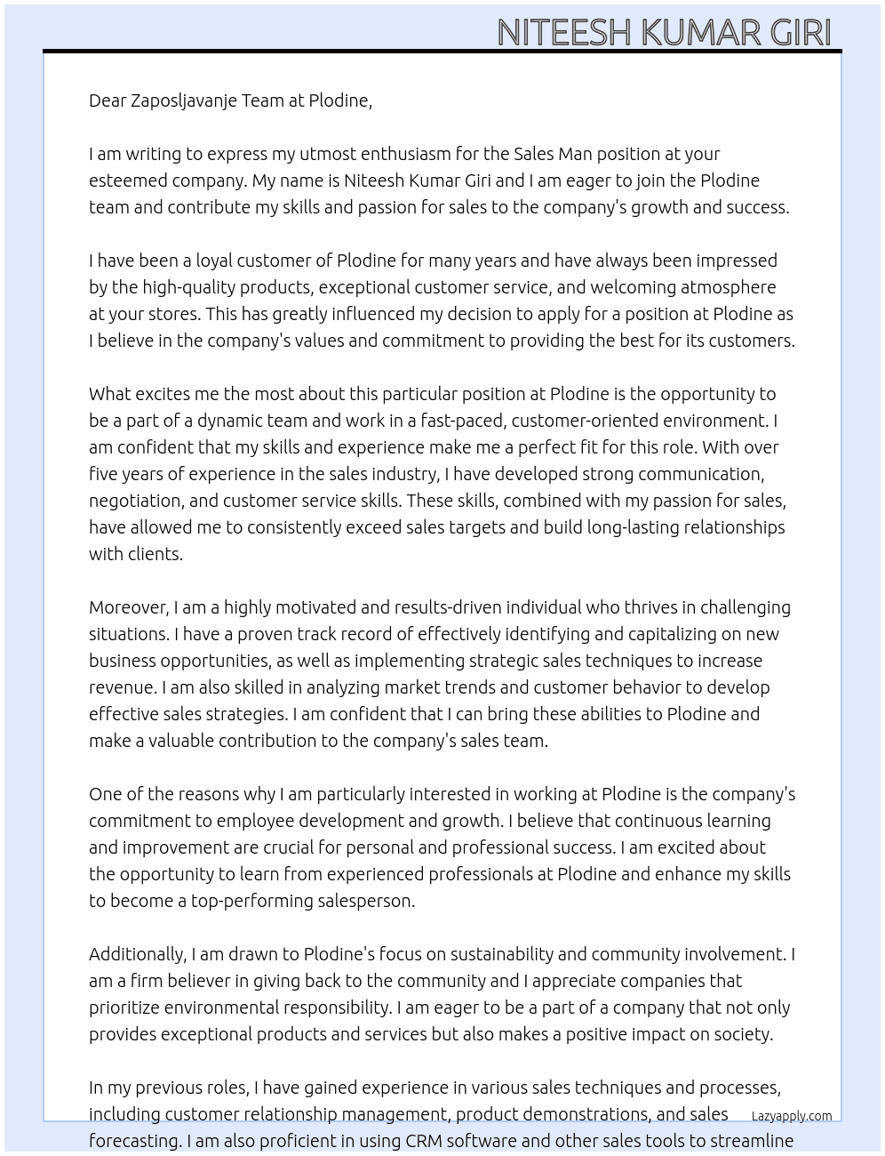 Sales man  At Plodine Cover Letter