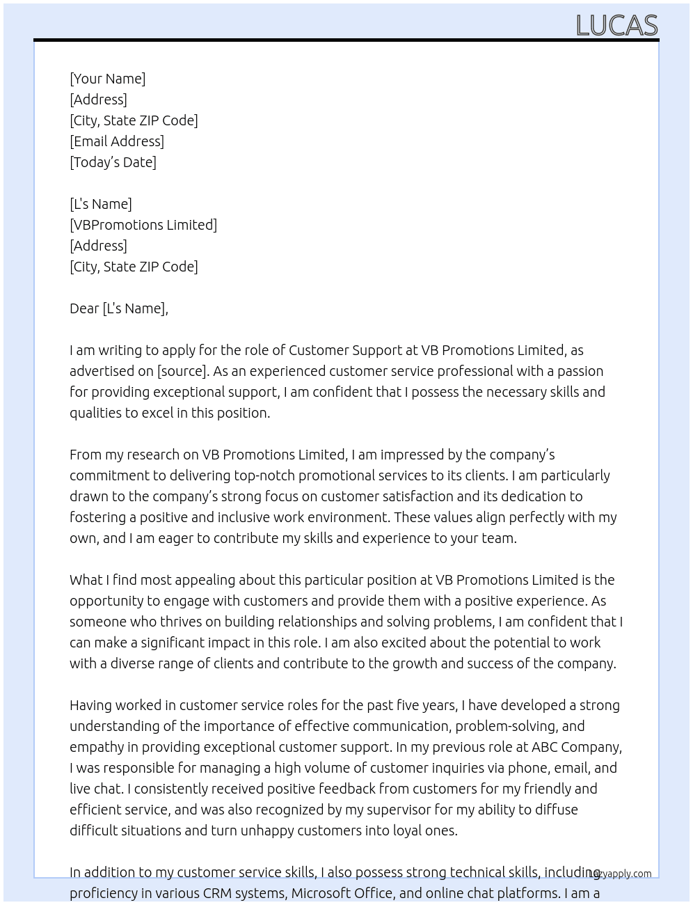 Customer Support  At VB Promotions Limited Cover Letter
