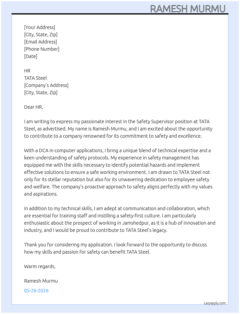 Cover letter for sefty supervisor - LazyApply