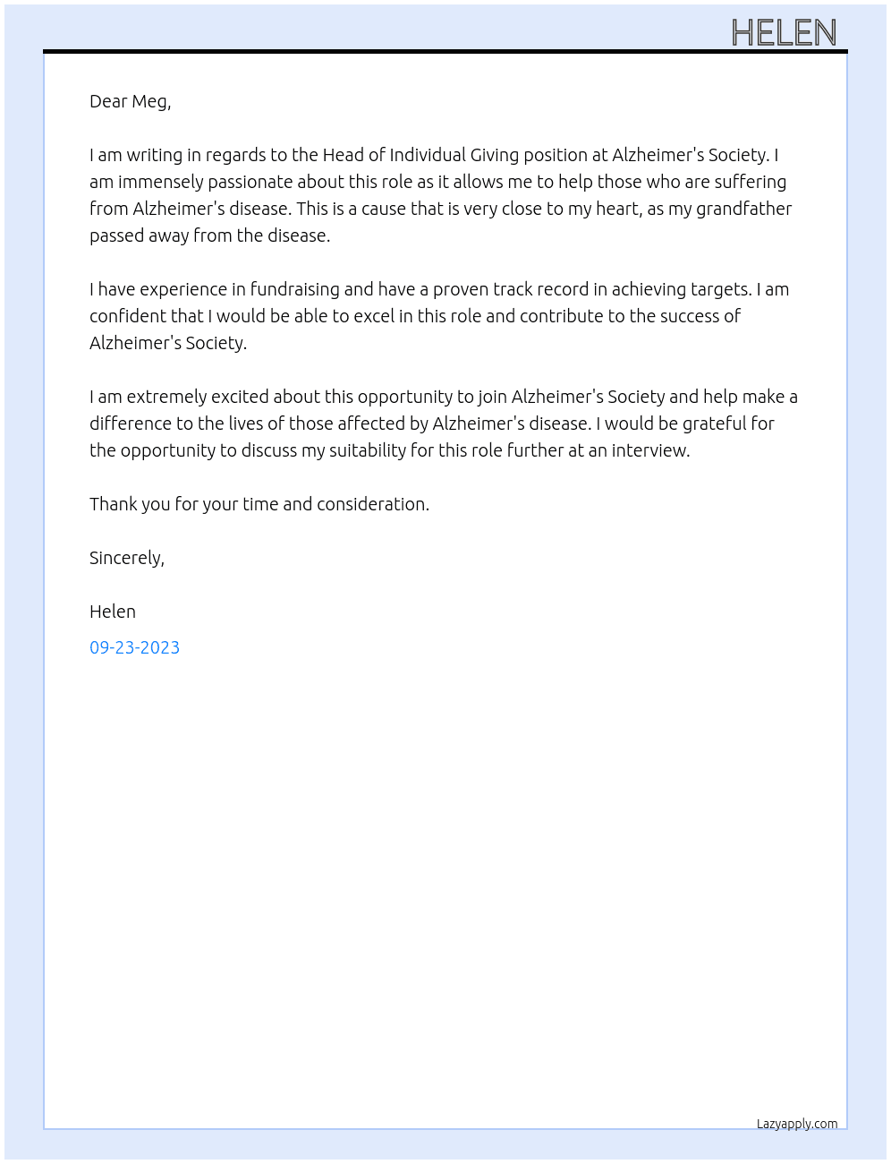 Head of individual giving  At Alzheimer's society  Cover Letter