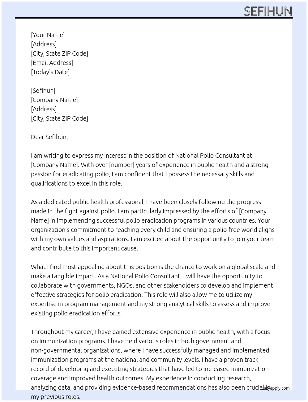 National Polio Consultant At sefihun Cover Letter