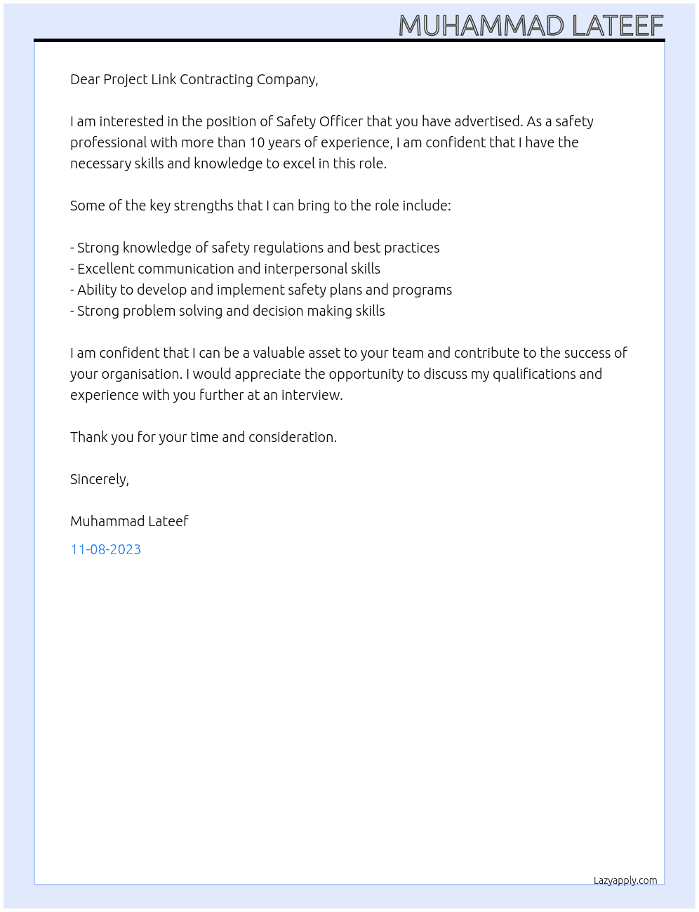 Safety Officer  At Project Link Contracting Company Cover Letter