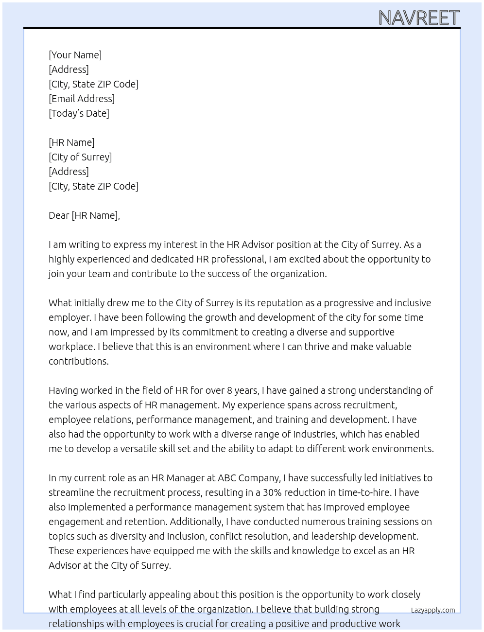 HR Advisor At City of Surrey Cover Letter
