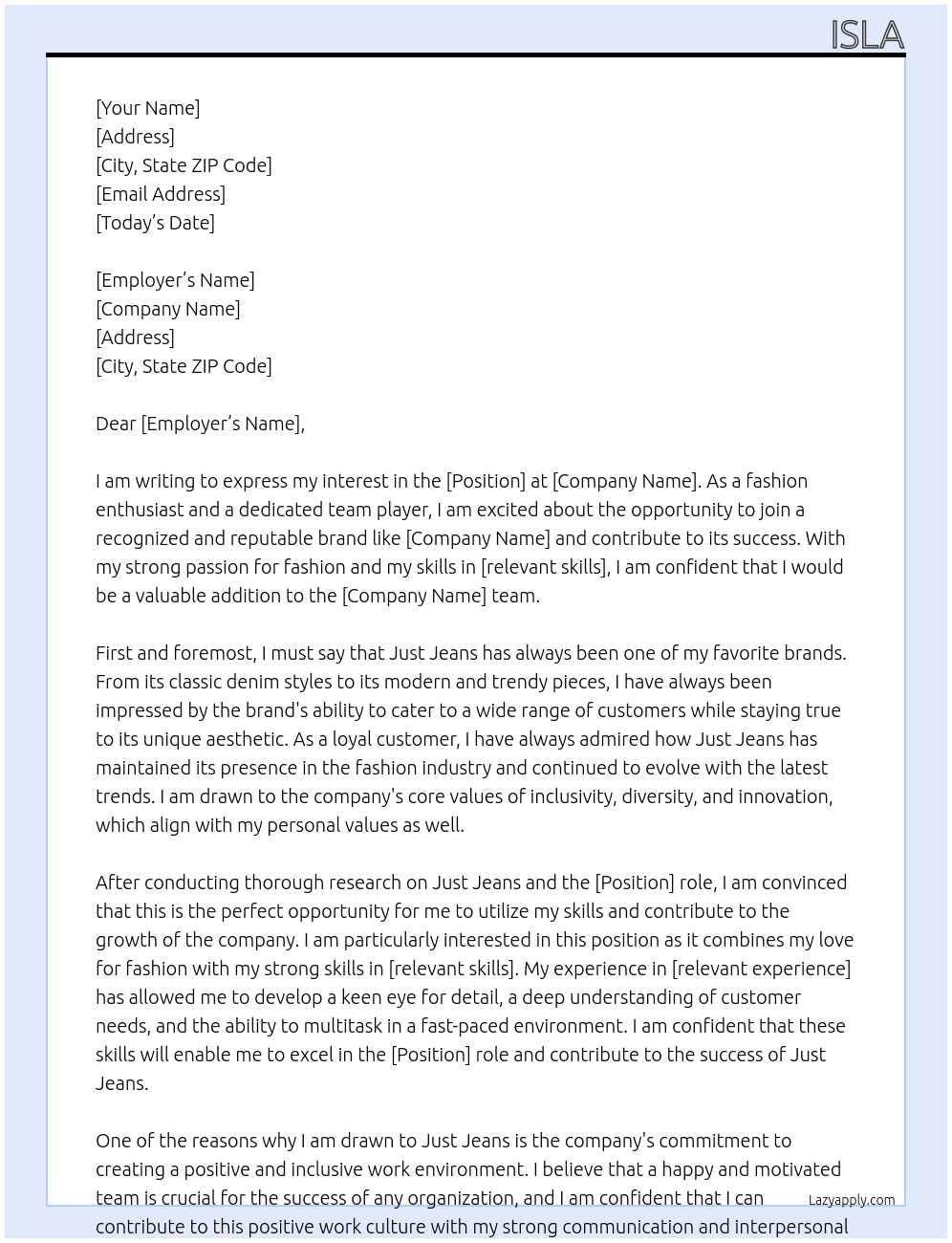 just jeans At just jeans Cover Letter