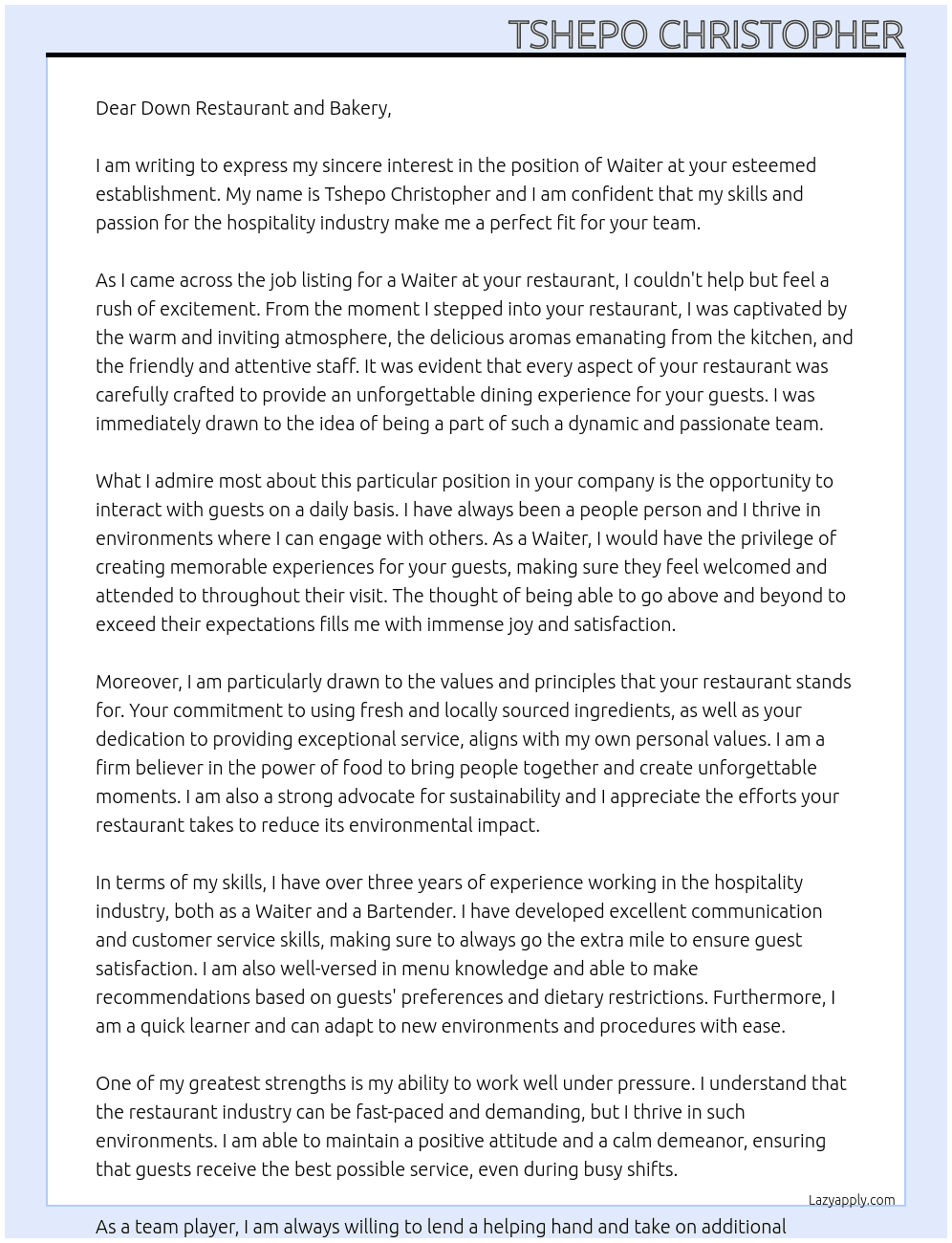 Waiter At restautrant Cover Letter
