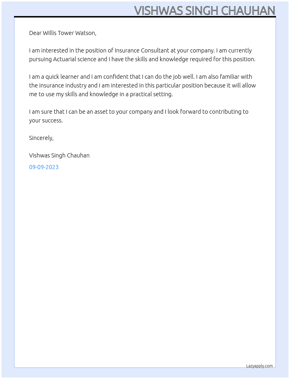 Insurance Consultant At Willis Tower Watson Cover Letter