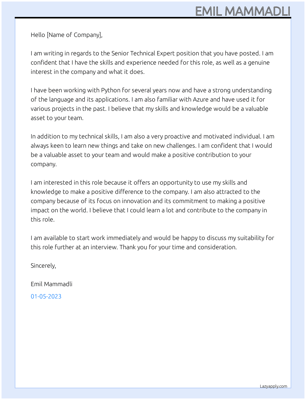 Senior Technical Expert At CIC Cover Letter