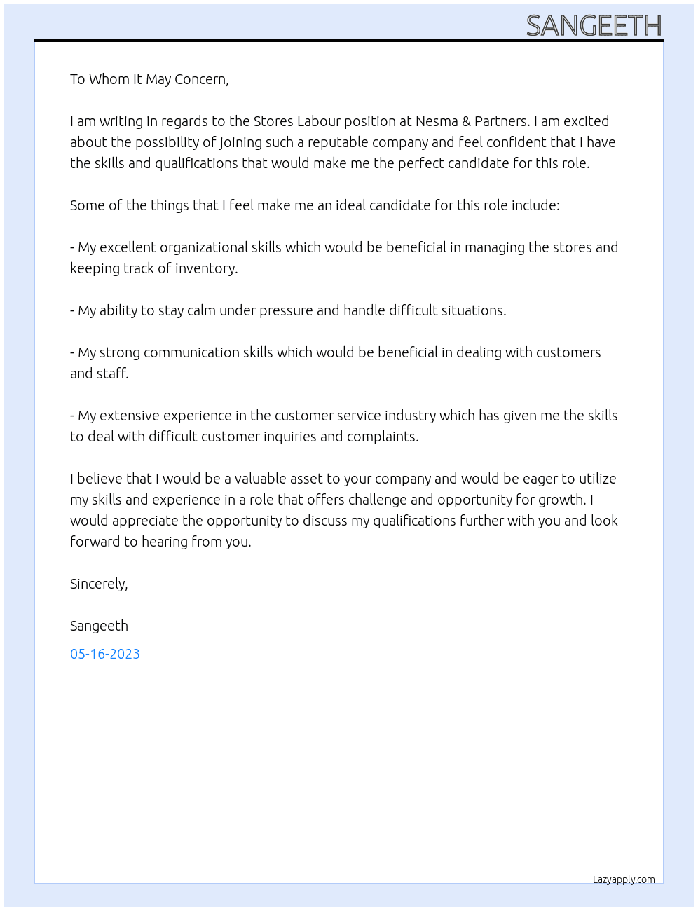 Stores labour  At Nesma & partners Cover Letter