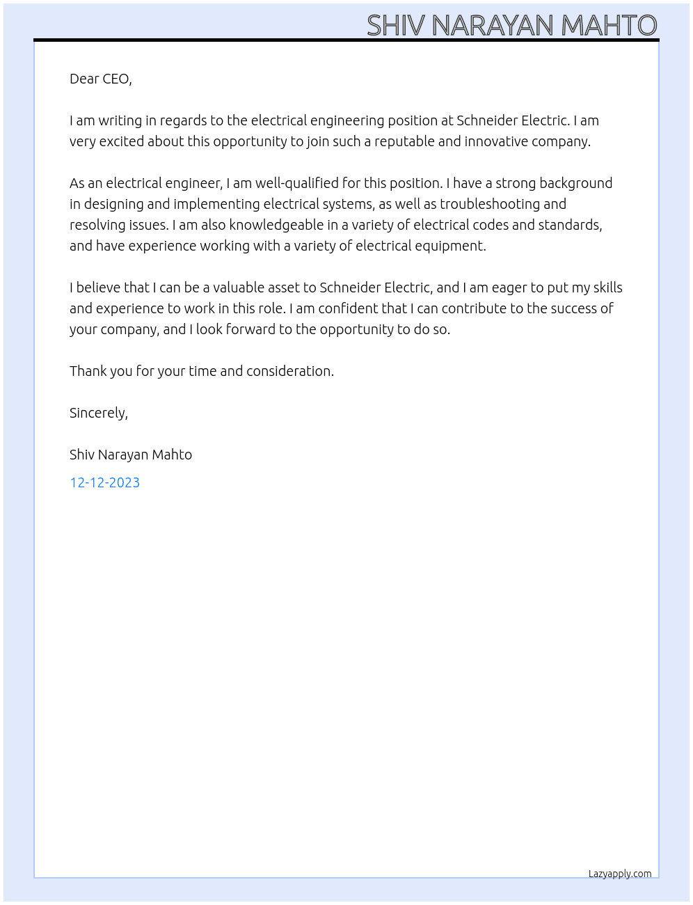 Electrical Engineering At Scheider Electric Cover Letter
