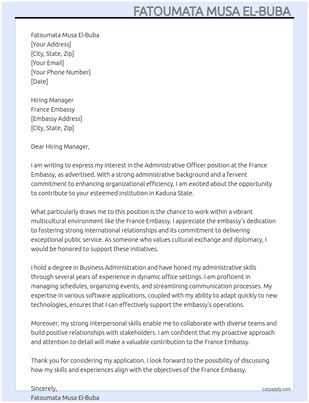 Administrative officer  At FRANCE EMBASSY  Cover Letter