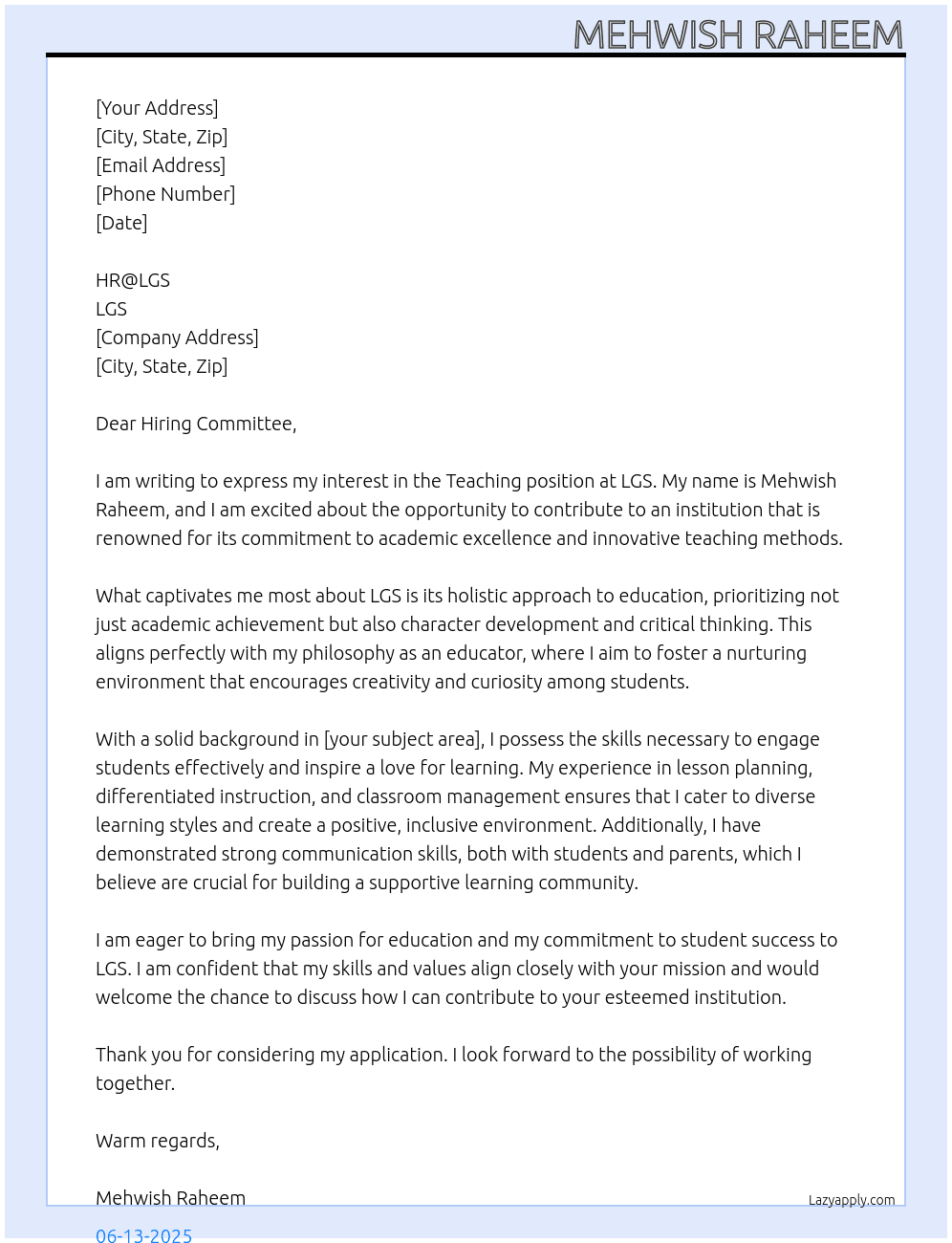 Teaching  At LGS  Cover Letter