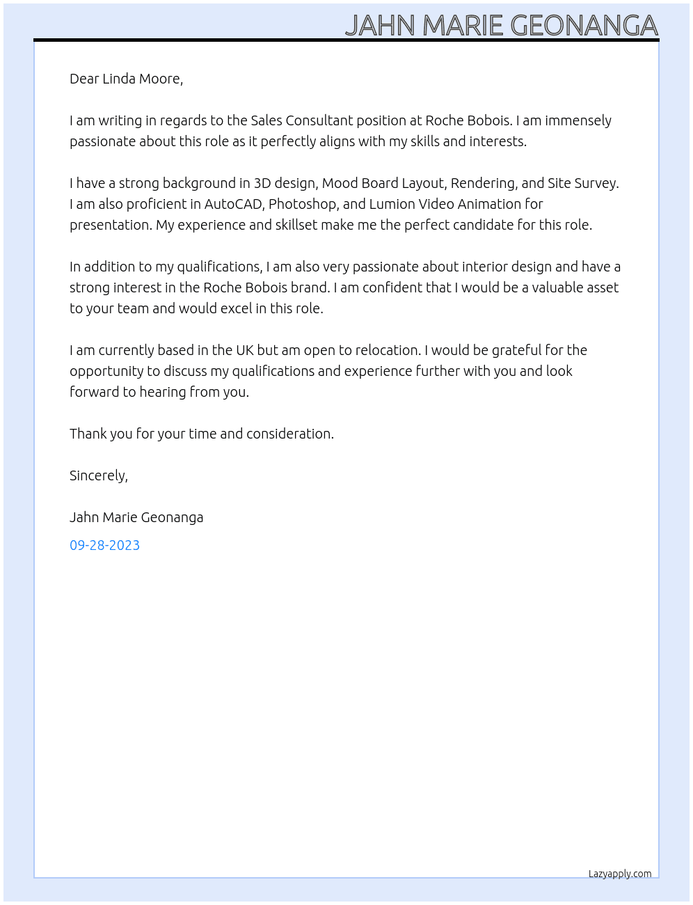 Sales Consultant At Roche Bobois Cover Letter