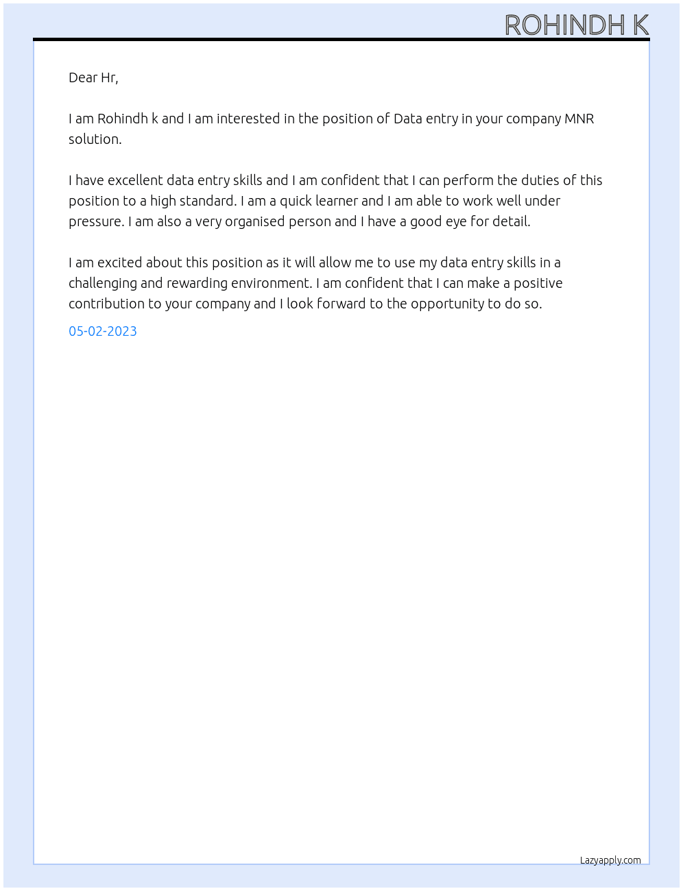 Data entry  At MNR solution  Cover Letter
