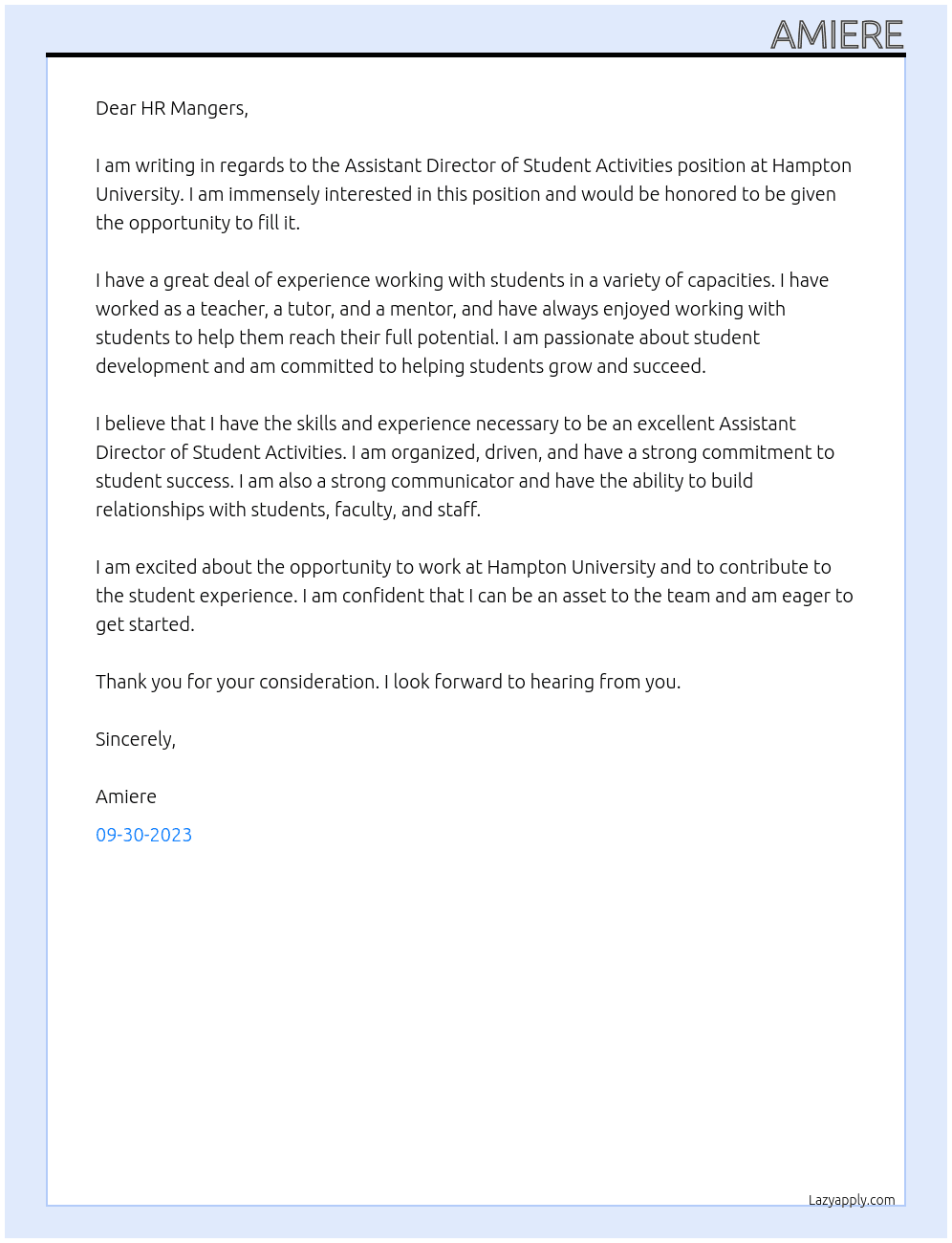 Assistant Director of Student Activities At Hampton University  Cover Letter