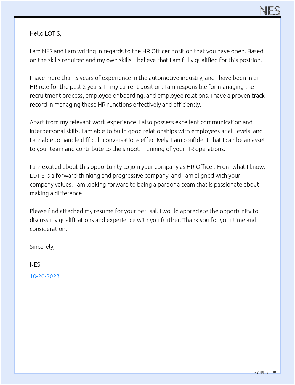 HR OFFICER At LOTIS Cover Letter