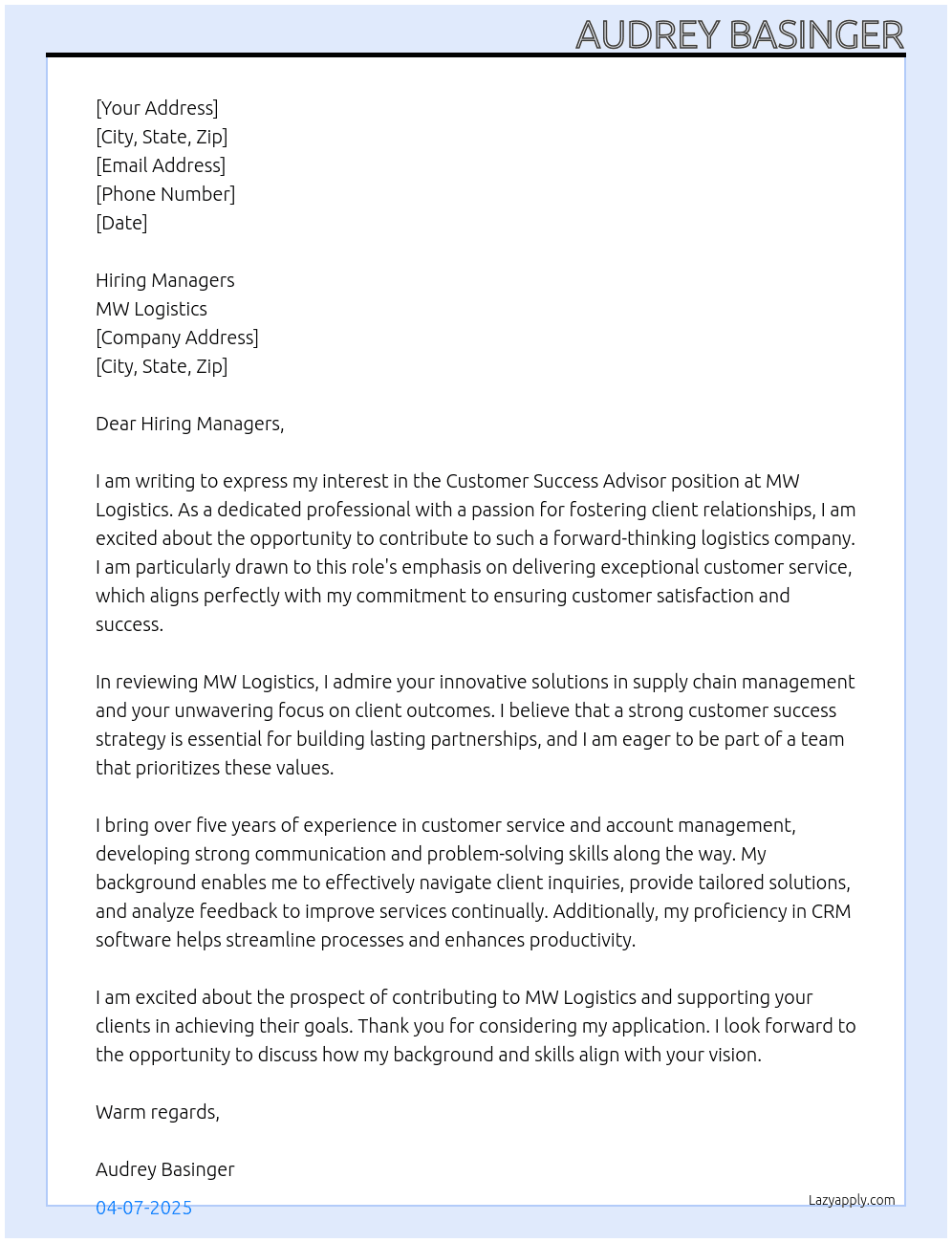 Customer Success Advisor At MW Logistics Cover Letter