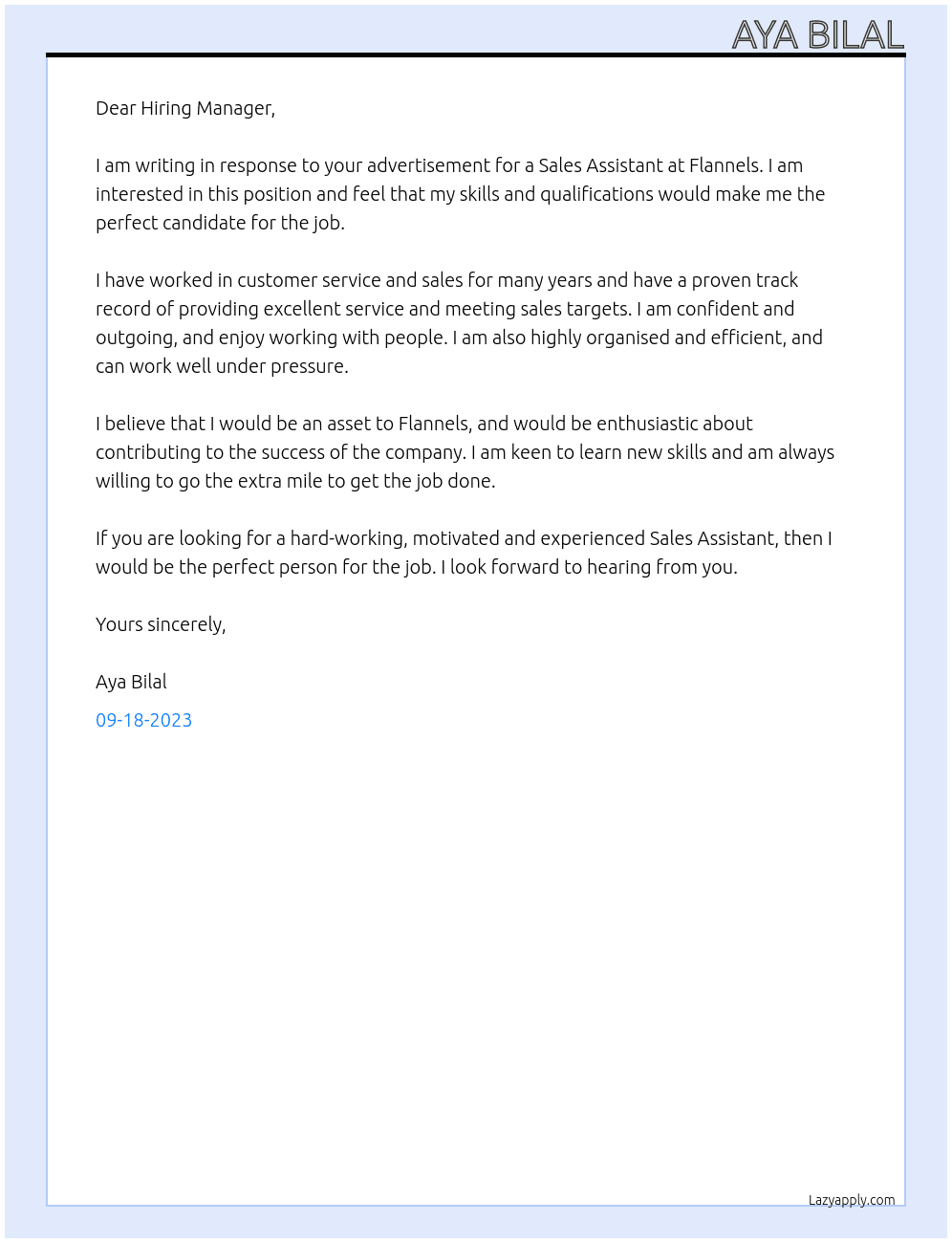 Sales Assistant At Flannels Cover Letter