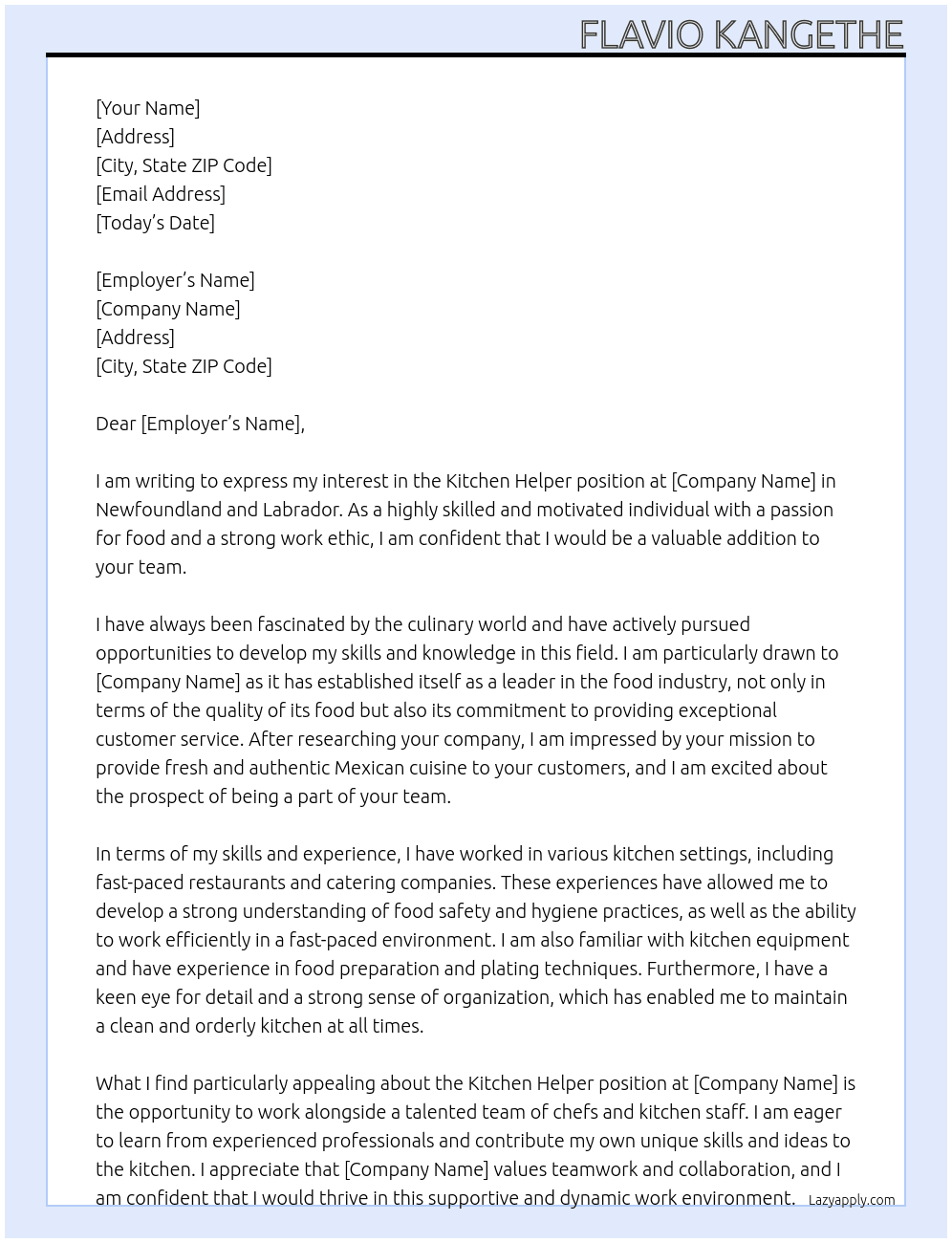 kitchen helper At Newfoundland and Labrador Cover Letter