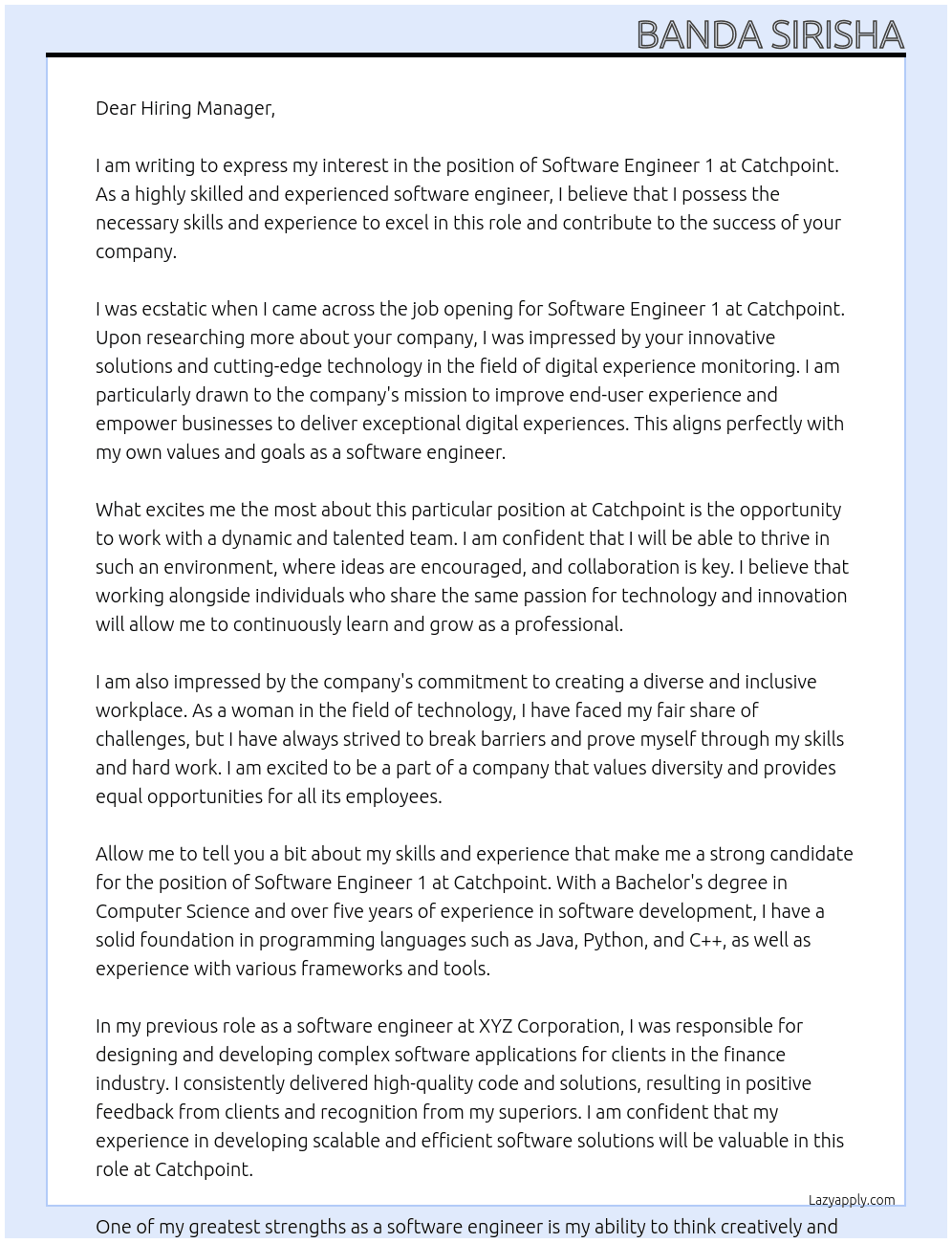 Software Engineer 1 At Catchpoint Cover Letter