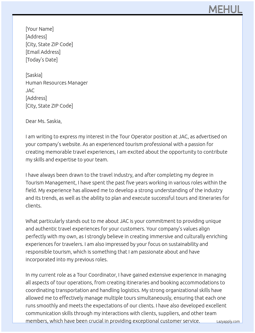 Tour Operator At JAC Cover Letter