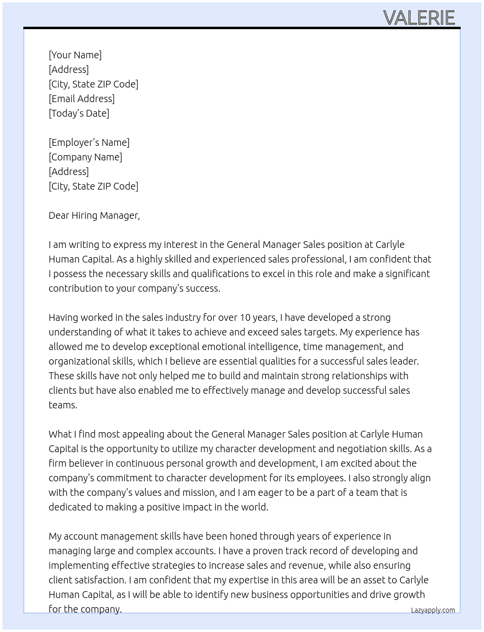 General Manager Sales At Carlyle human Capital  Cover Letter
