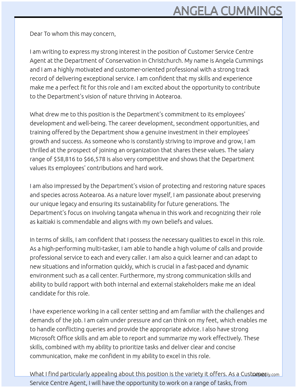 Customer Service Centre Agent At Department of Conservation, Christchurch Cover Letter