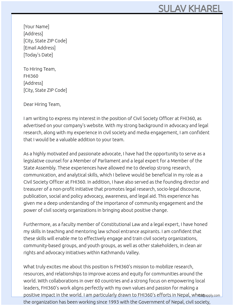 Civil Society Officer At FHI360 Cover Letter