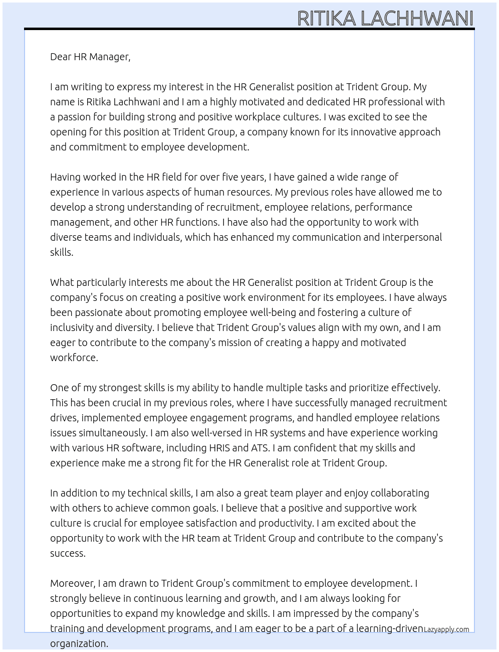 HR Generalist At Trident Group Cover Letter