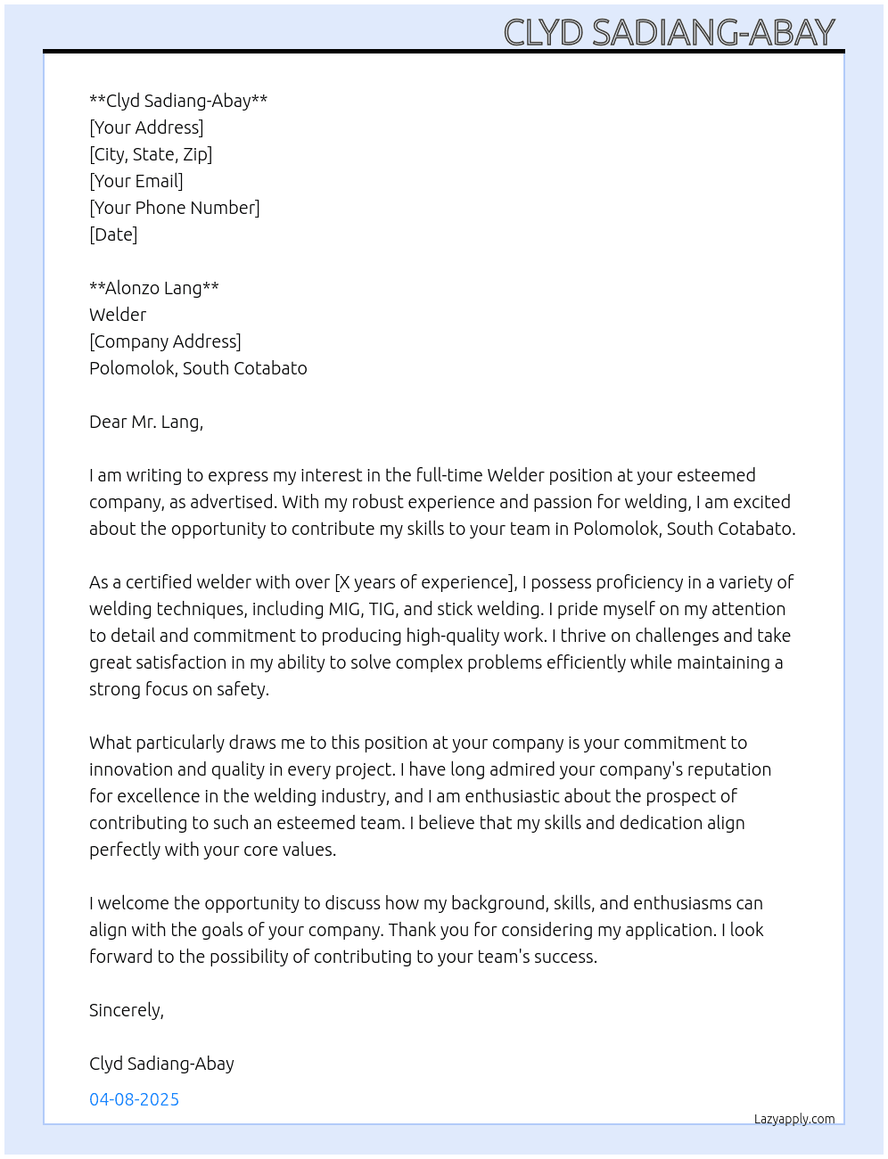 cover letter  At Welder Cover Letter