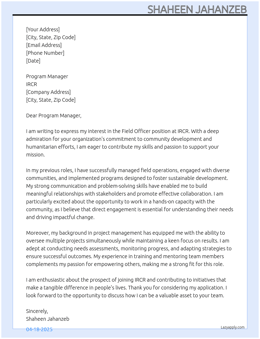 Field Officer At IRCR Cover Letter