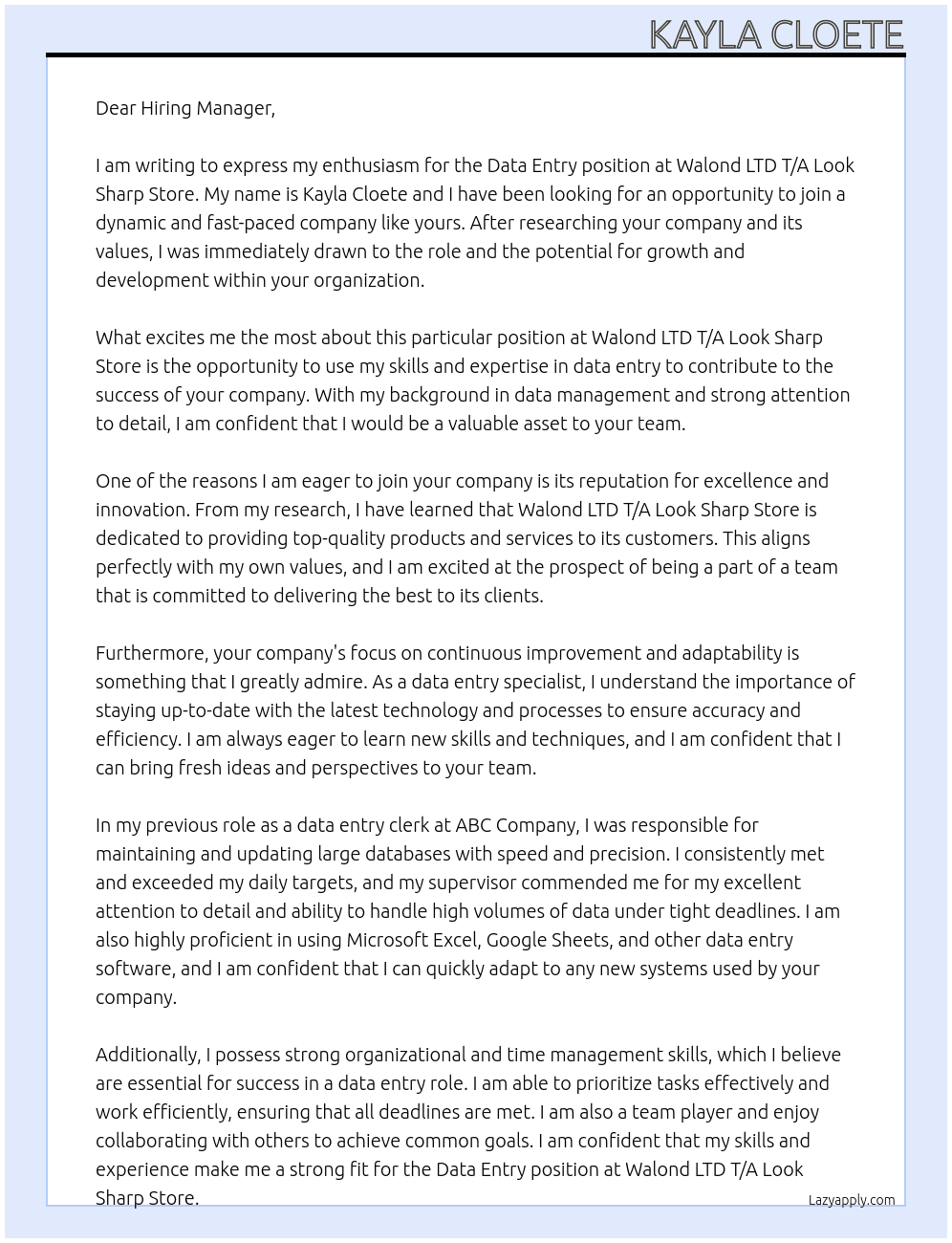 Data  entry At Walond lTD T/A  Look Sharp Store  Cover Letter