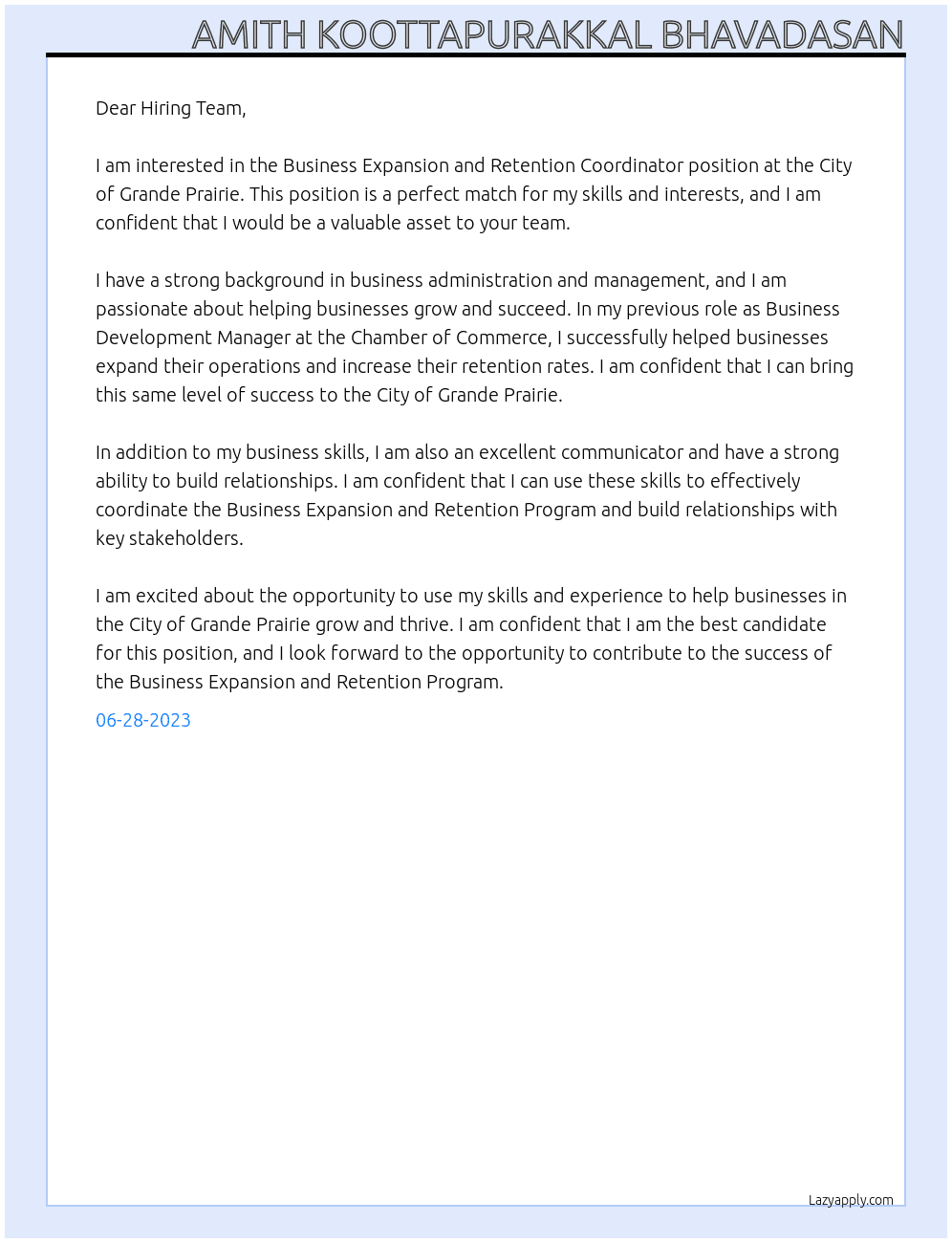 Business Expansion and Retention Coordinator At City Of Grande Prairie Cover Letter