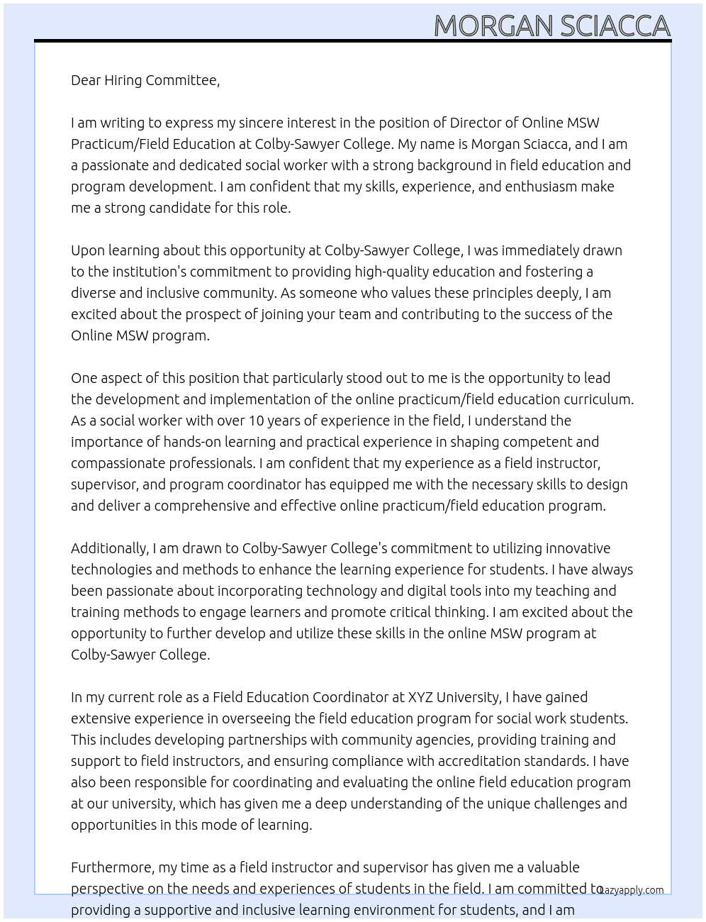 Director of Online MSW Practicum/Field Education At Colby-Sawyer College Cover Letter