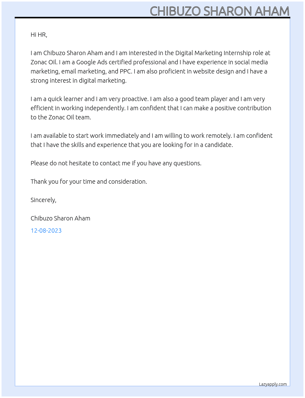 Digital Marketing  At Zonac Oil Cover Letter
