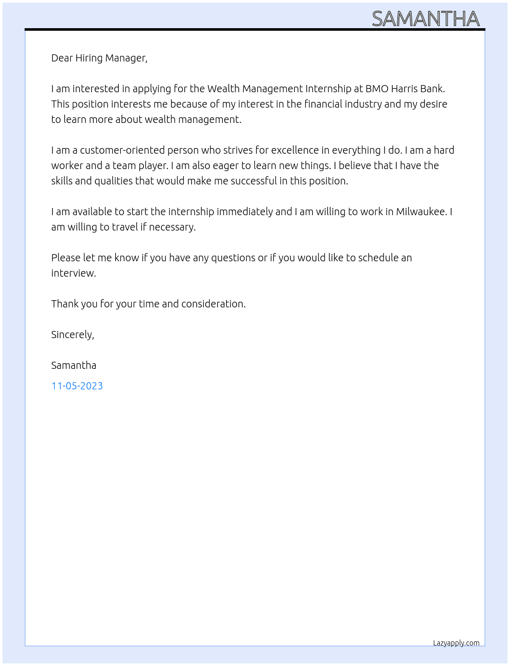 Wealth Management Internship  At BMO Harris Bank  Cover Letter